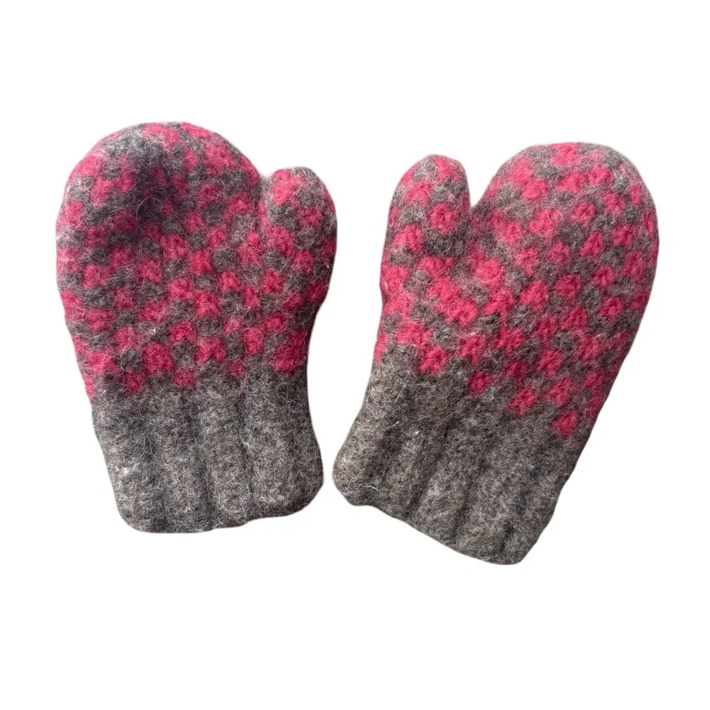 Scandinavian Red & Brown Wool Geometric Design Children’s Mittens